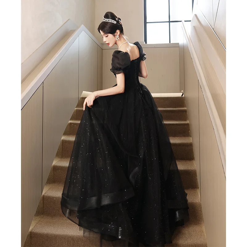 Women\'s Evening Party Dress Backless Lace-up Court Style Black Long Skirt Dubai Elegant Banquet Prom Dress for Women Vestidos