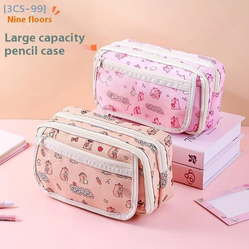 【3CS99】Cartoon Cute Capybara Pencil Case Students Multi-Functional Pen Bag Stationery Storage Box Large Capacity Stationery Box
