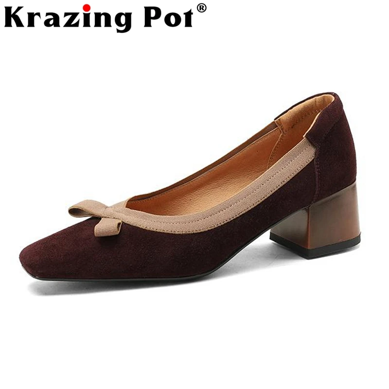 

Krazing Pot Sheep Suede Square Toe Med Heels Spring Shoes Shallow Butterfly-knot Causal Concise Style Cozy Slip on Brand Pumps