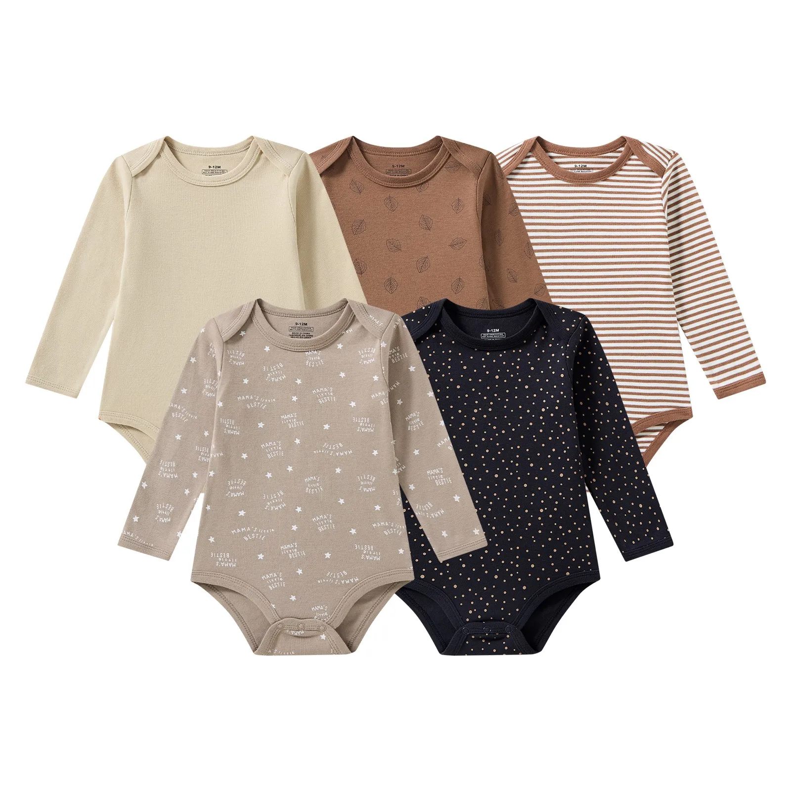 Kiddiezoom 5Pcs Fashion Long Sleeve Mixed Print Unisex Baby Bodysuit 100% Cotton Newborn Infant Onesies Clothes