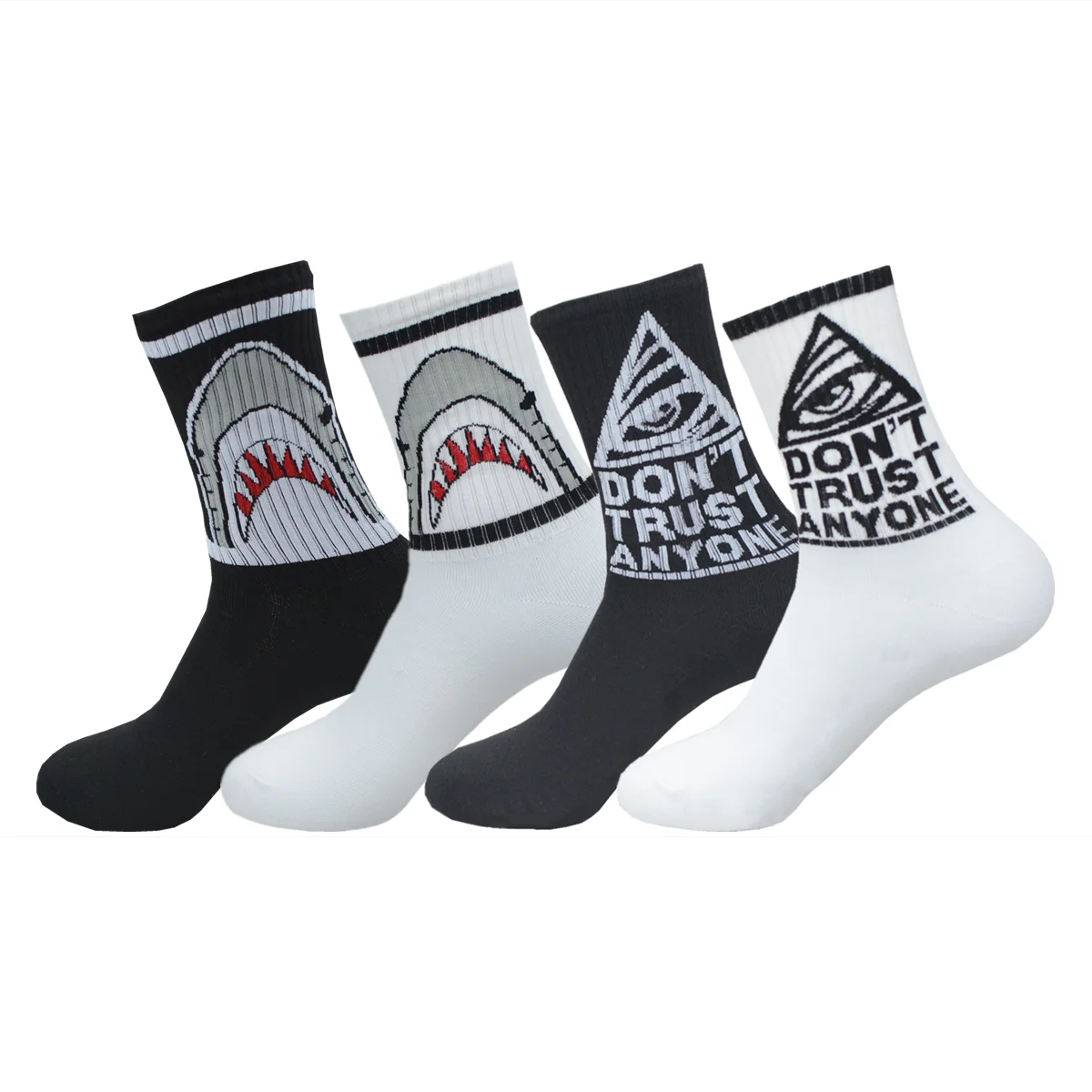 4Pairs HotSale Fashion Unisex Men Black White Shark Eyes Funny Happy Socks Hip Hop Male Boys Street Skateboard Sox Spring Autumn