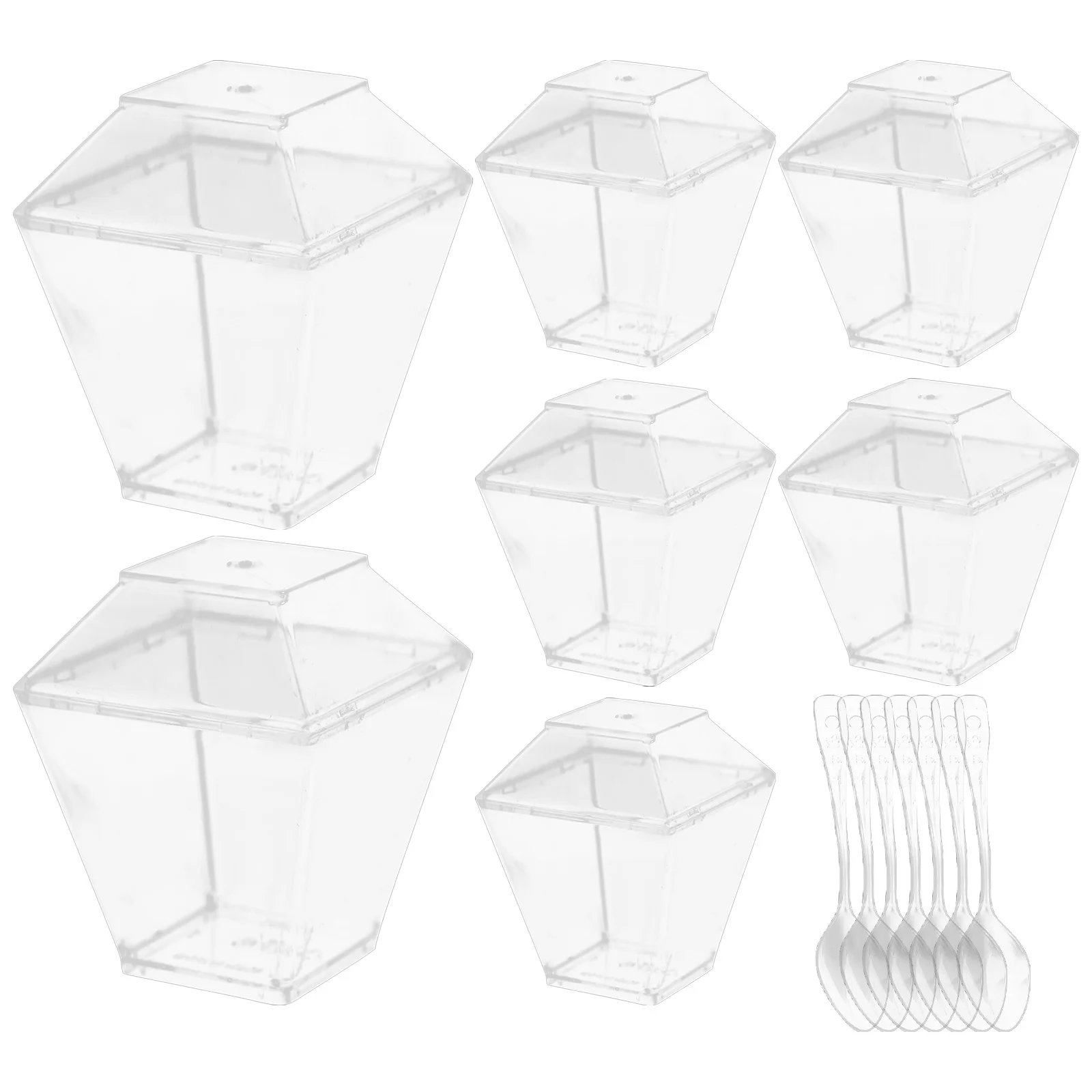 50 juegos de tazas de postre transparentes con forma trapezoidal, Mini vasos para Mousse, plástico desechable reutilizable para oficina, Hotel, restaurante
