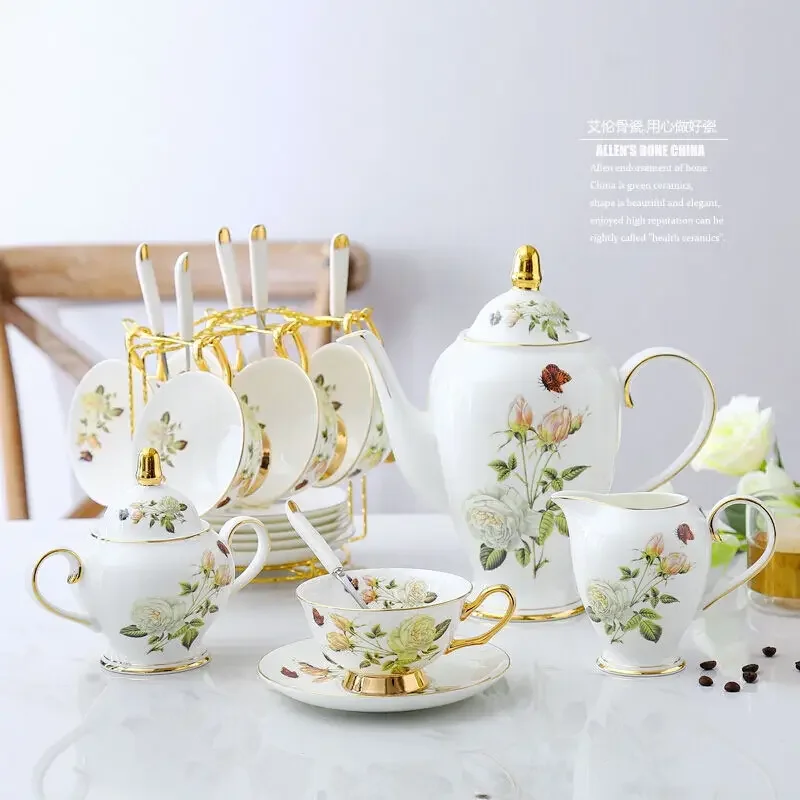 Rose Bone China Coffee Set British Porcelain Tea Set Ceramic Pot Creamer Sugar Bowl Teatime Teapot Coffee Cup Mug Coffeeware