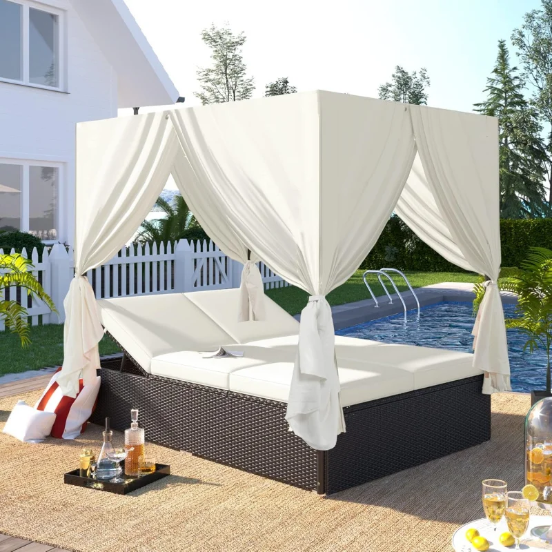 

2-6 Person PE Rattan Outdoor Daybed, Four-sided Canopy/Overhead Curtain, Adjustable Seats & Beige Cushions, Wicker Sunbed