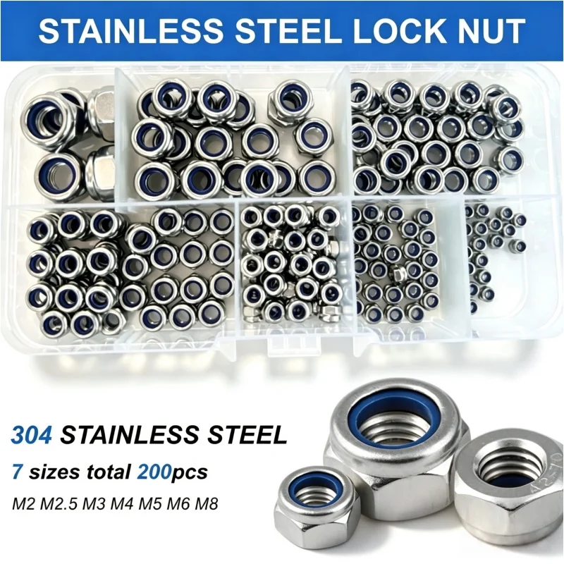 200pcs Hex Nylon Insert Self-Locking Nut DIN985 Nylock Locknut Assortment Kit M2-M8 Sizes 304 A2-70 Stainless Steel for Hardware