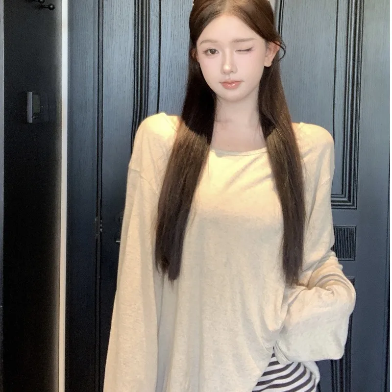 T-shirt ample à manches longues et une épaule, haut de soleil et jupe f élastique mince, ensemble d'été pour femmes, tendance et décontracté...