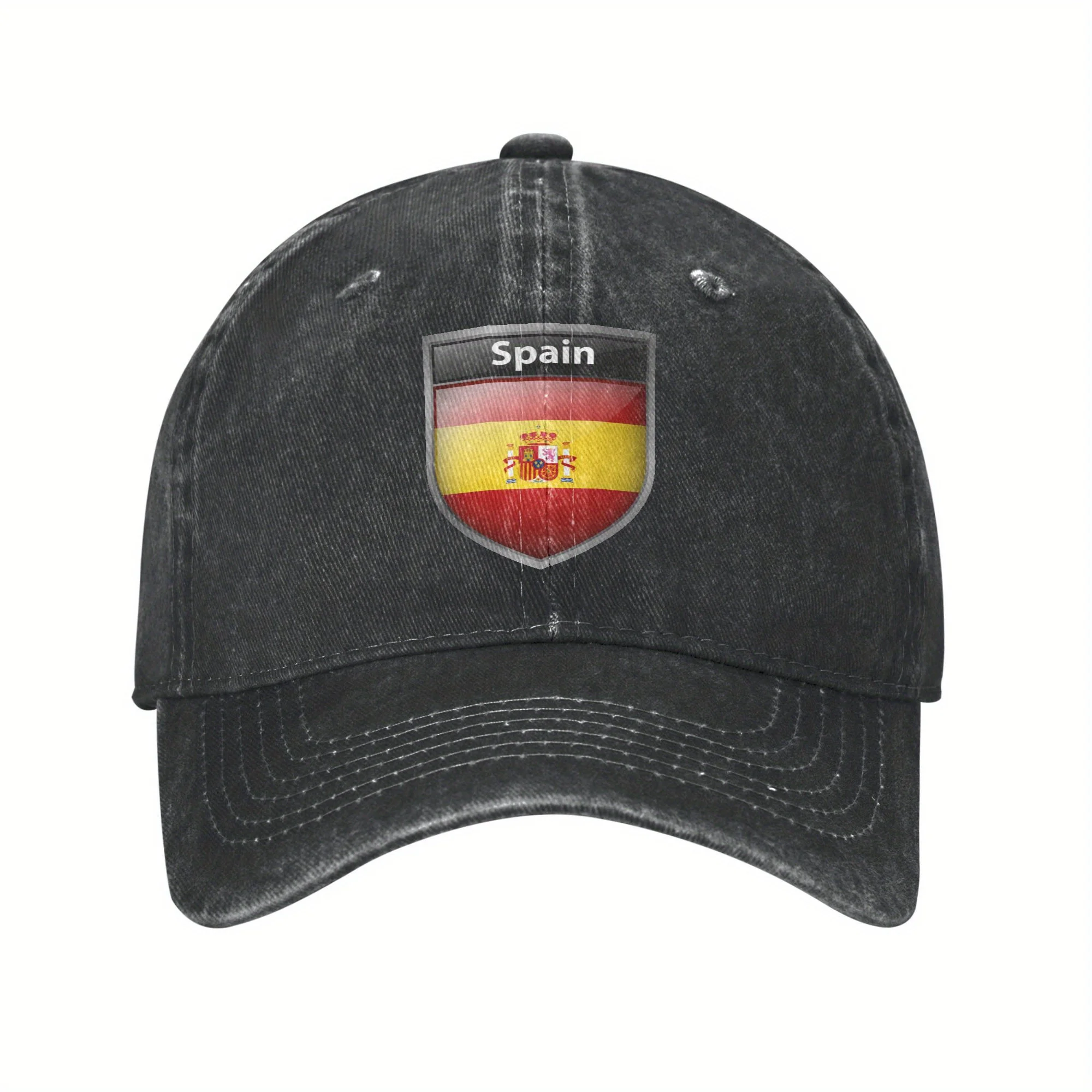Spain Flag Crest Spanish Pride Baseball Cap Washed Denim Style Adjustable Adult Casual Hat
