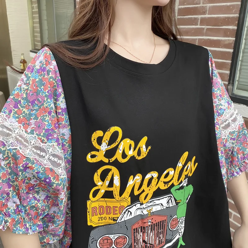 جديد الصيف كوريا فستان امرأة فضفاضة Vestidos رداء Elbise موضة المرقعة الطباعة الركبة طول فساتين طويلة