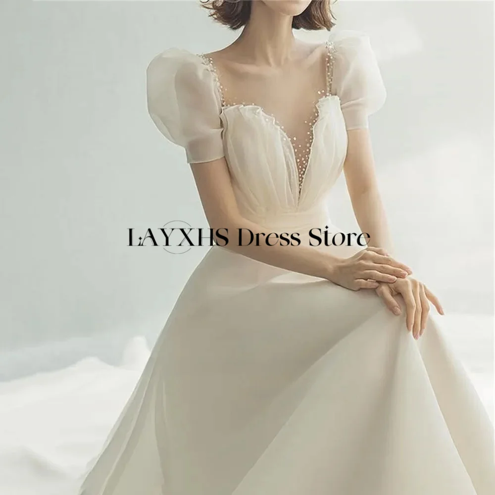 Gaun Pengantin Korea A-Line Melamun Gaun Pengantin Organza Sutra Lengan Puff Pendek Manik-manik Kerah V Gaun Pengantin Pemotretan Disesuaikan