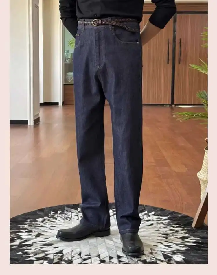 Estilo britânico premium lavado azul profundo denim calças versátil cintura alta calças de perna reta para homens pantalones hombre 2025