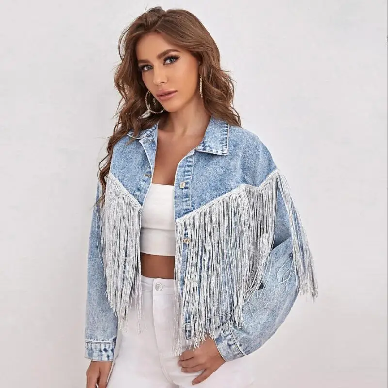 Chaqueta vaquera holgada para mujer, Chaqueta vaquera azul lavada con borlas, ropa de calle Retro, abrigo corto, prendas de vestir, p593, para las cuatro estaciones