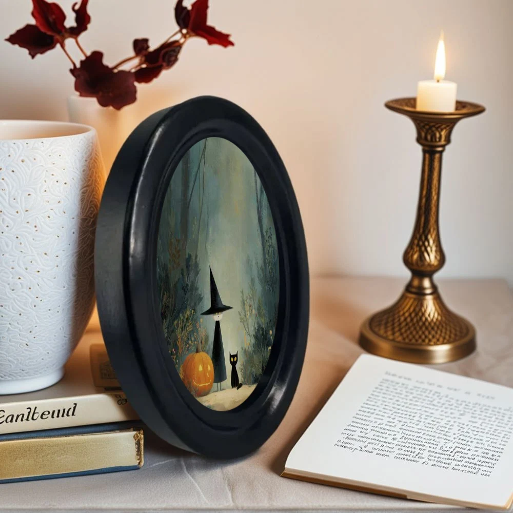 جدارية فنية جدارية ثلاثية الأبعاد ساحرة الهالوين والقطة السوداء في الغابة - ديكور حيوانات خشبي مصنوع يدويًا، تصميم بيضاوي، مناسبة للهالوين، عيد الميلاد، عيد الشكر، ديكور المنزل والمكتب، ديكور غرفة الحنين