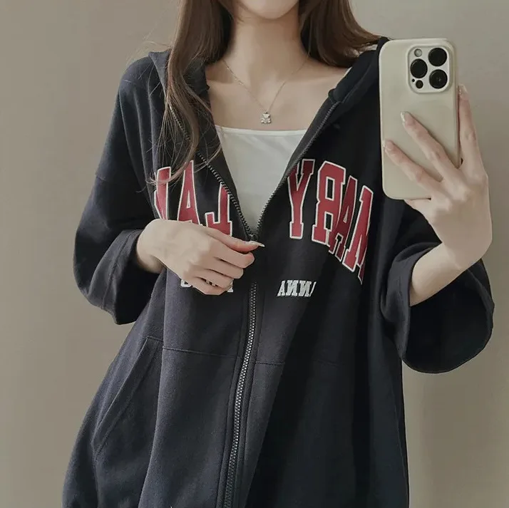 

WomanPocket Letter Printed Zip-up Hoodies Gray Sweatshirts Casual 2024 Autumn Half Sleeve Hooded Vintage Streetwear Y2k Tops