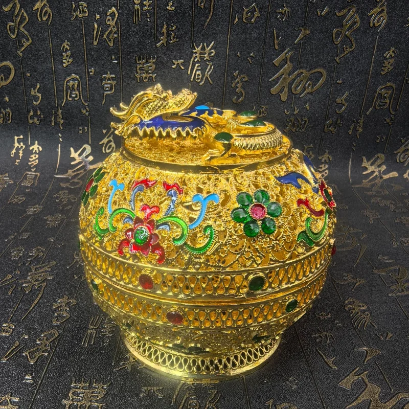New exquisite hollow-carved, finely detailed, enamel-painted round dragon box craft ornament