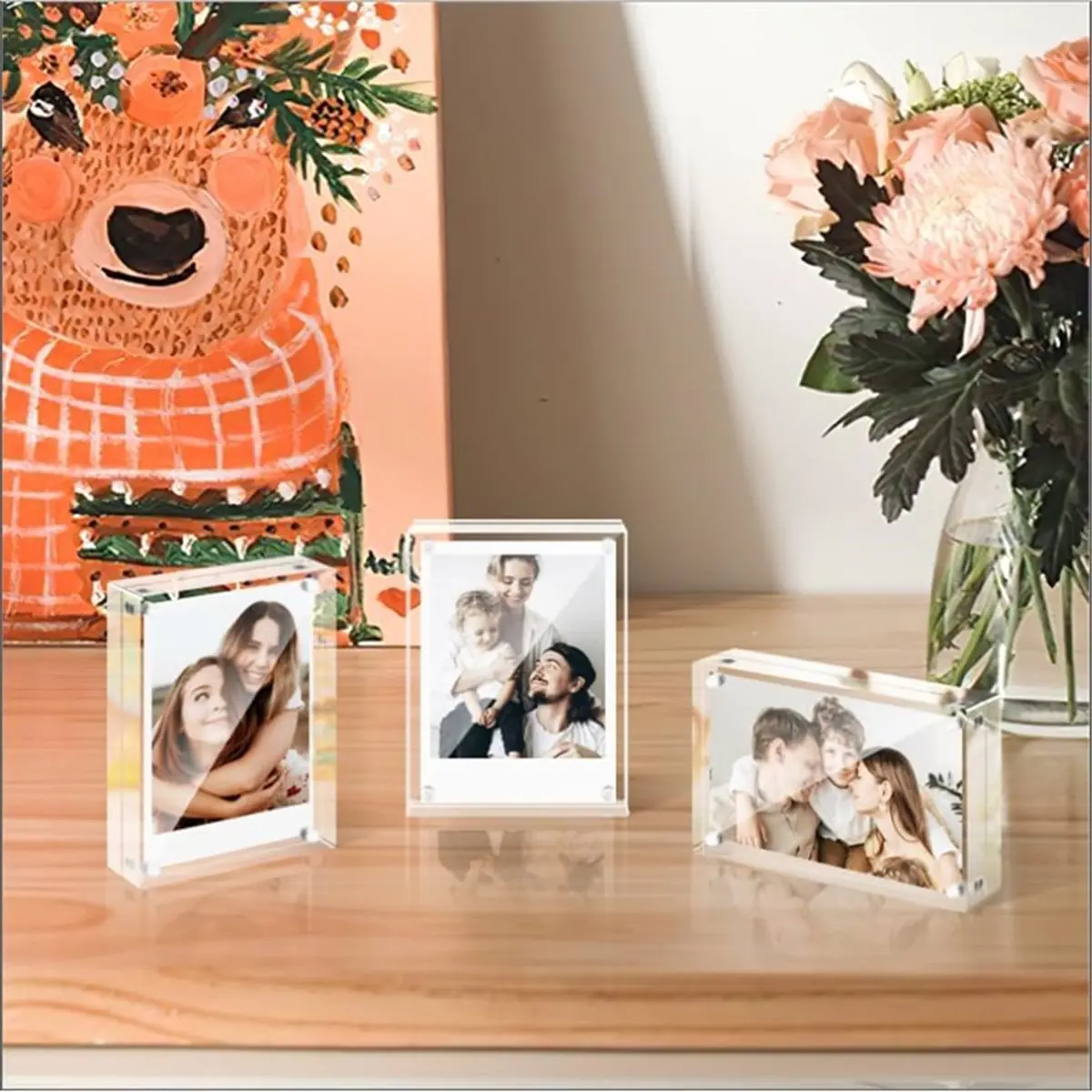 3Pack Magnet Acrylic Picture Frame,10+10 mm Thick Block, 2.36x3.5 Inch Freestanding Clear Mini Frames for Instant Photos &LICG