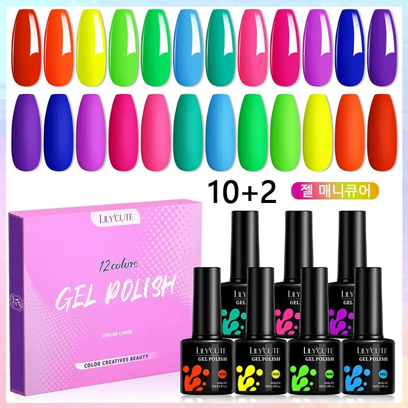 LILYCUTE 12Pcs/Set Nail Gel Polish Pink Neon Fluorescent Colors Semi Permanent Soak Off UV LED Nail Art Gel Kit