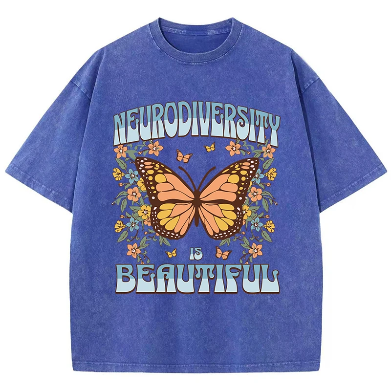 Neurodiversity Is Beautiful Cotton Washed T Shirts Women Butterfly Prints T-Shirt Soft Oversize O-Neck Tops Trend Woman Clothes