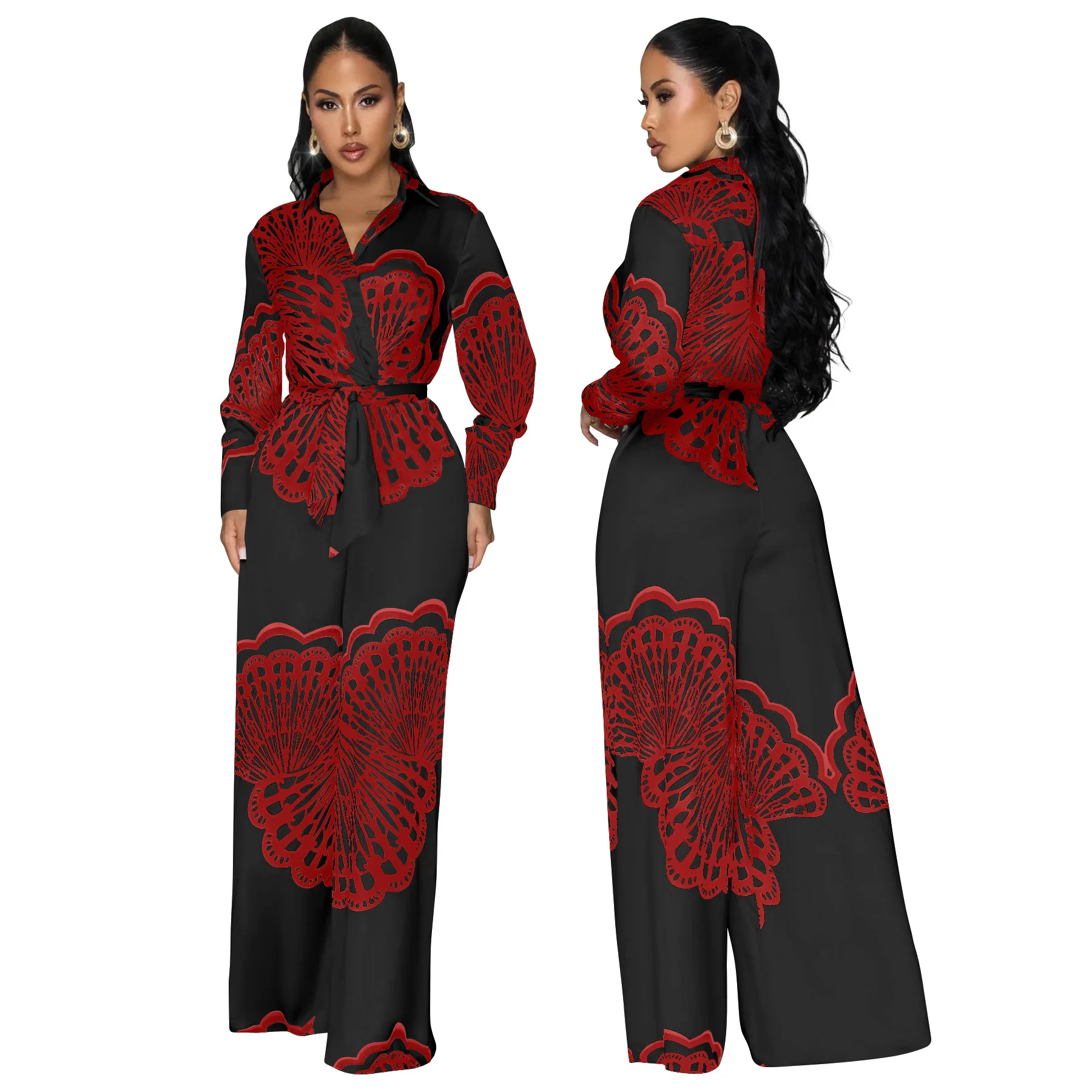 Vrouwen lange mouw print riem wijde pijpen lange jumpsuits 2025, herfst winter feest strand mode straat sexy outfit rompertjes