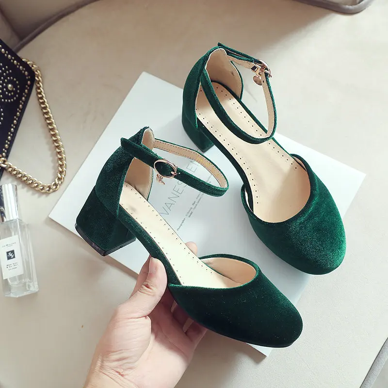 Velvet Velour Green Burgundy Closed Toe Women Summer Mary Janes Shoes Big Size 50 51 52 53 54 Square Chunky Med Heels Sandals