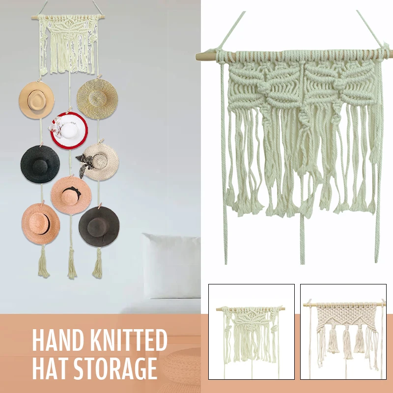 Boho Hand Woven Cotton Wall Hanging Hat Organizer Display Rack With Clip Storage Cap Holder Scarf Hanger Nordic Macrame Tapestry