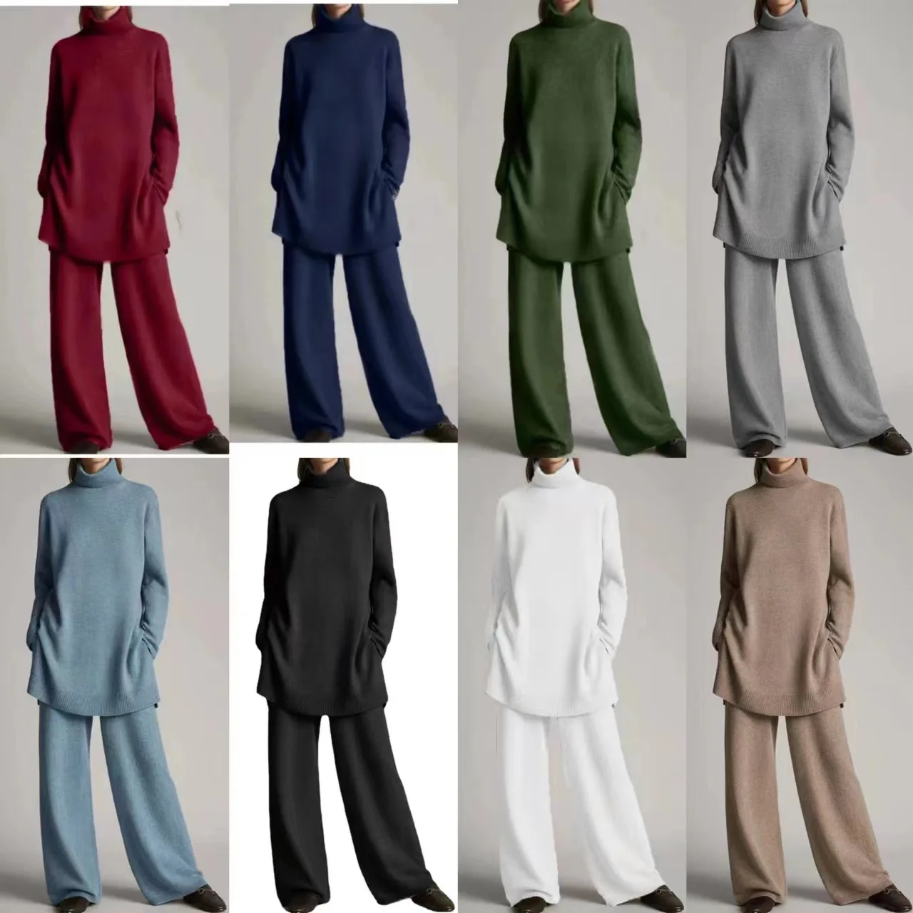 

Женский повседневный вязаный комплект из двух предметов, длинные широкие брюки све, свободный крой с высоким воротником, модная зимняя рабочая одежда, ансамбль