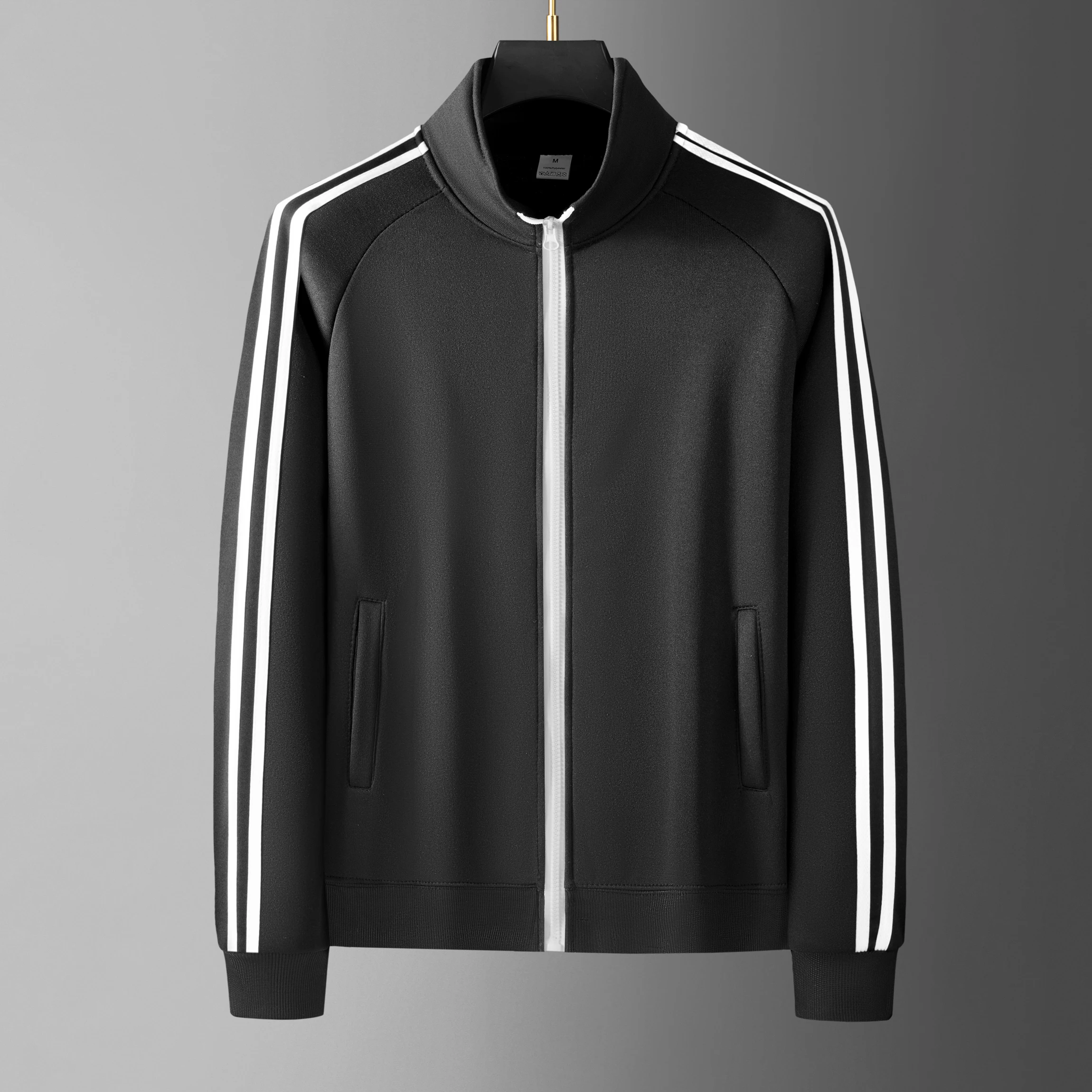 Men Casual Sports Track Jacket Stand Collar Full Zip 3 White Stripes Long Sleeve Sportswear Male Gym Running Training Outer Coat