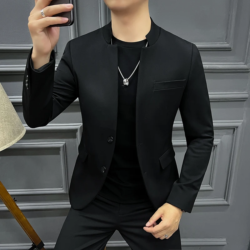 Sinicism Men Blazers Suits Jackets Stand-up Collar Business Casual Suits Coats Male Slim Fit Stand Collar Solid Color Tuxedo 4XL