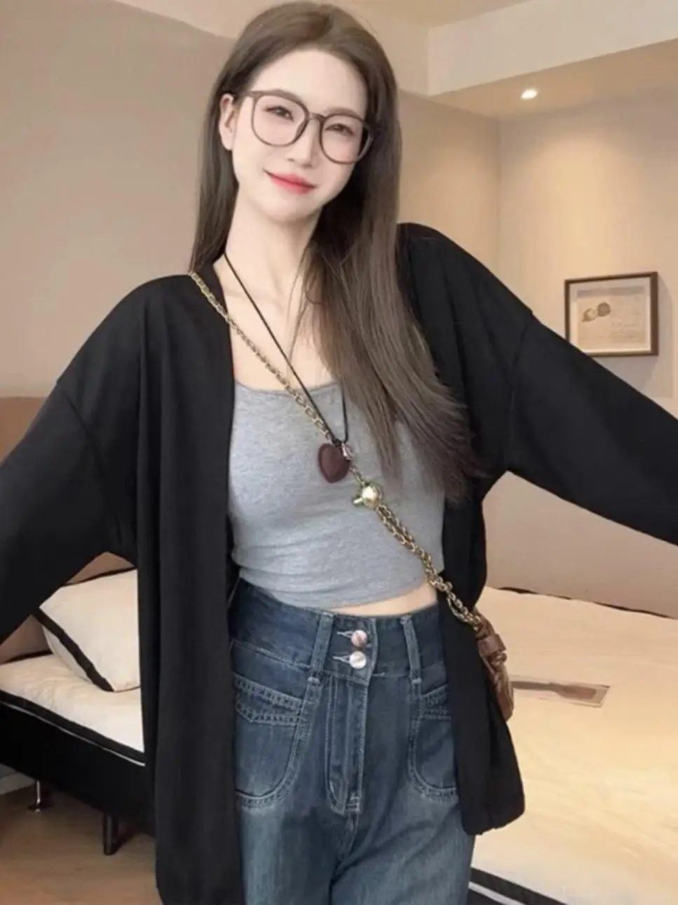plus Size Summer Thin Knitted Sun Protection Open Cardigan Women's V-neck Long Sleeve Loose Fit Short Outerwear Cover up