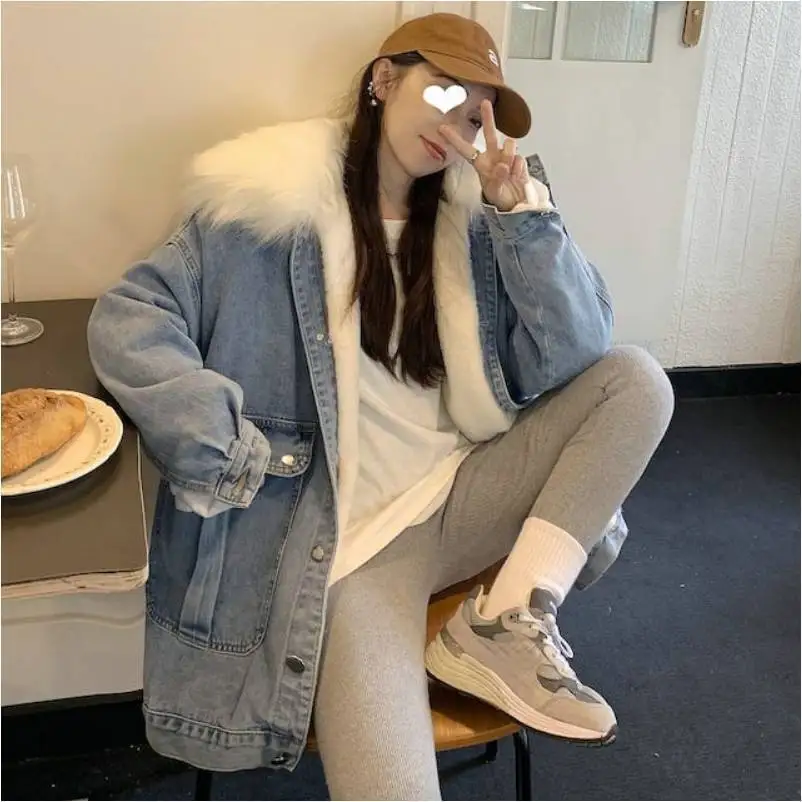 

Denim Coats For Woman Long Fur Plush Womens Autumn Anti-Wrinkle Slim-Fit Youth Academy Daily Commuting Breathable Outcoats Femme