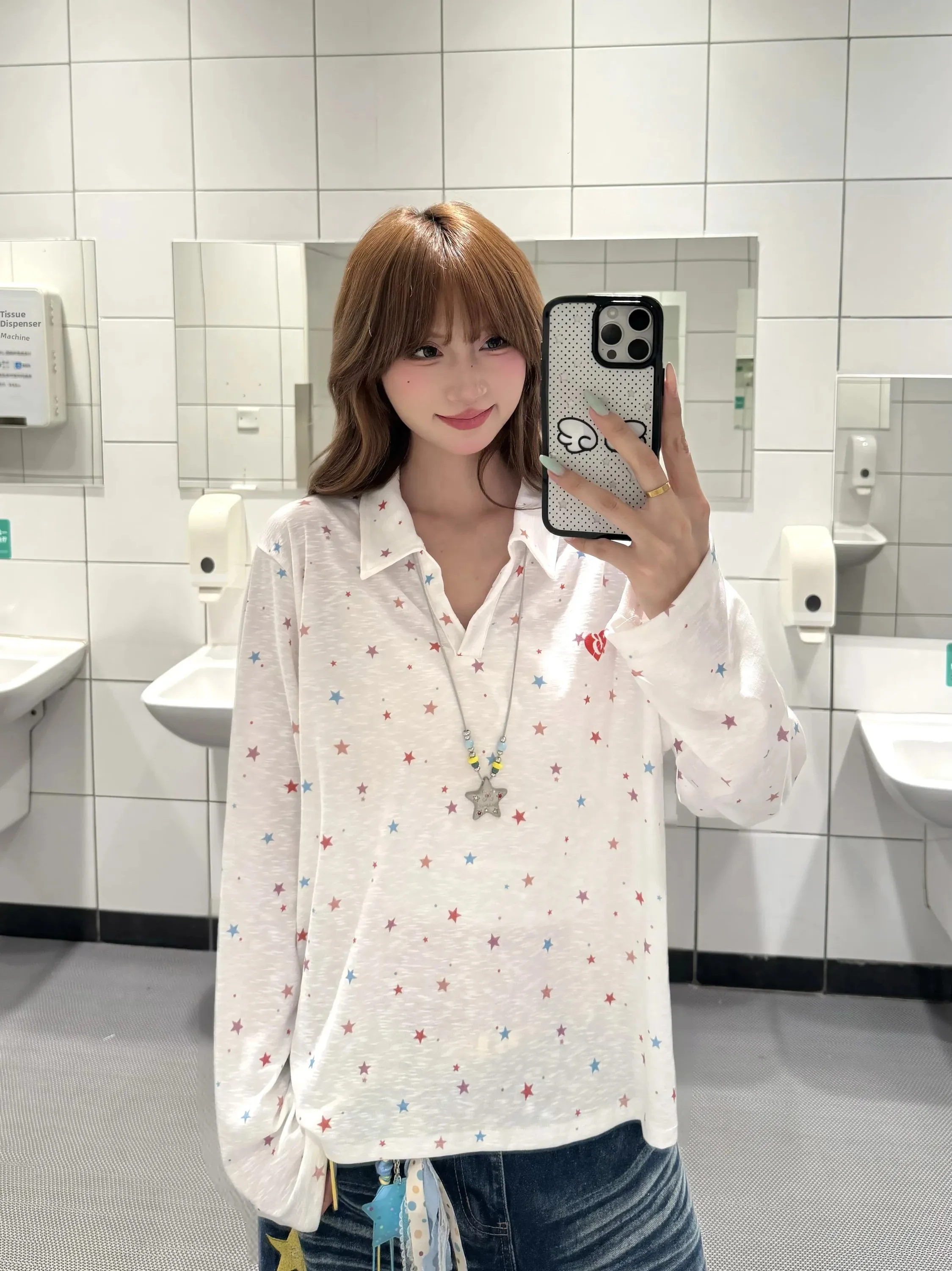 BeOurRule American Retro Print  Star Long Sleeve  Neck T-Shirt Women's V Neck Cover up Slimming Top Korean Style ...