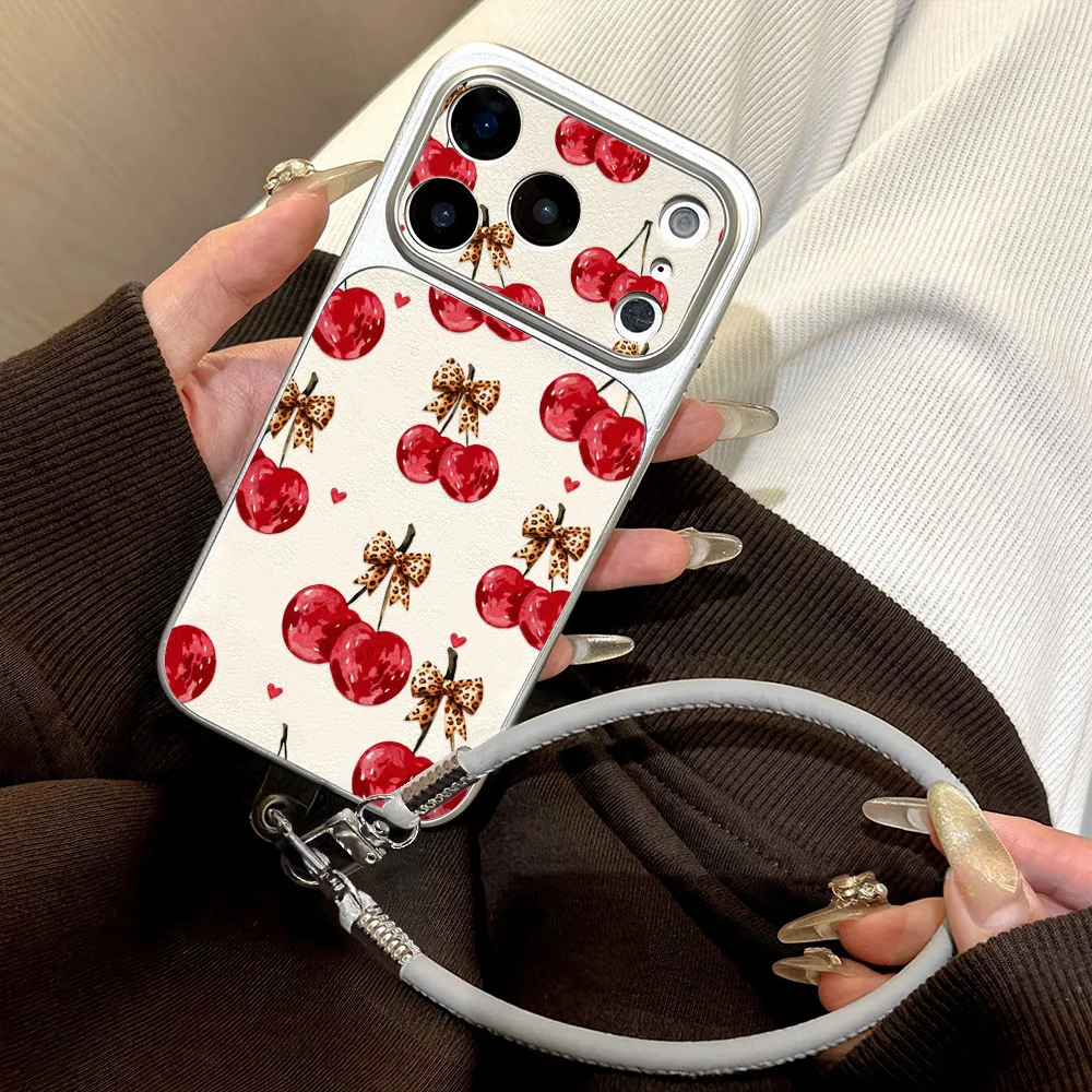 Niedliche Kirsch-Handyhülle für iPhone 17 Pro Max 15 14 13 11 12 16 Pro Max mit Litschi-Muster aus Leder, stoßfeste TPU-Silikon-Softcover