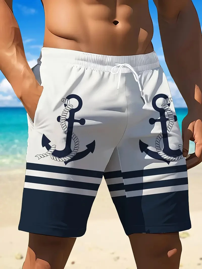 New Fashion Anchor Pattern Beach Short For Men Trend Summer 3D Printed Swim Trunks Loose Drawstring Streetwear Y2k Short Pants