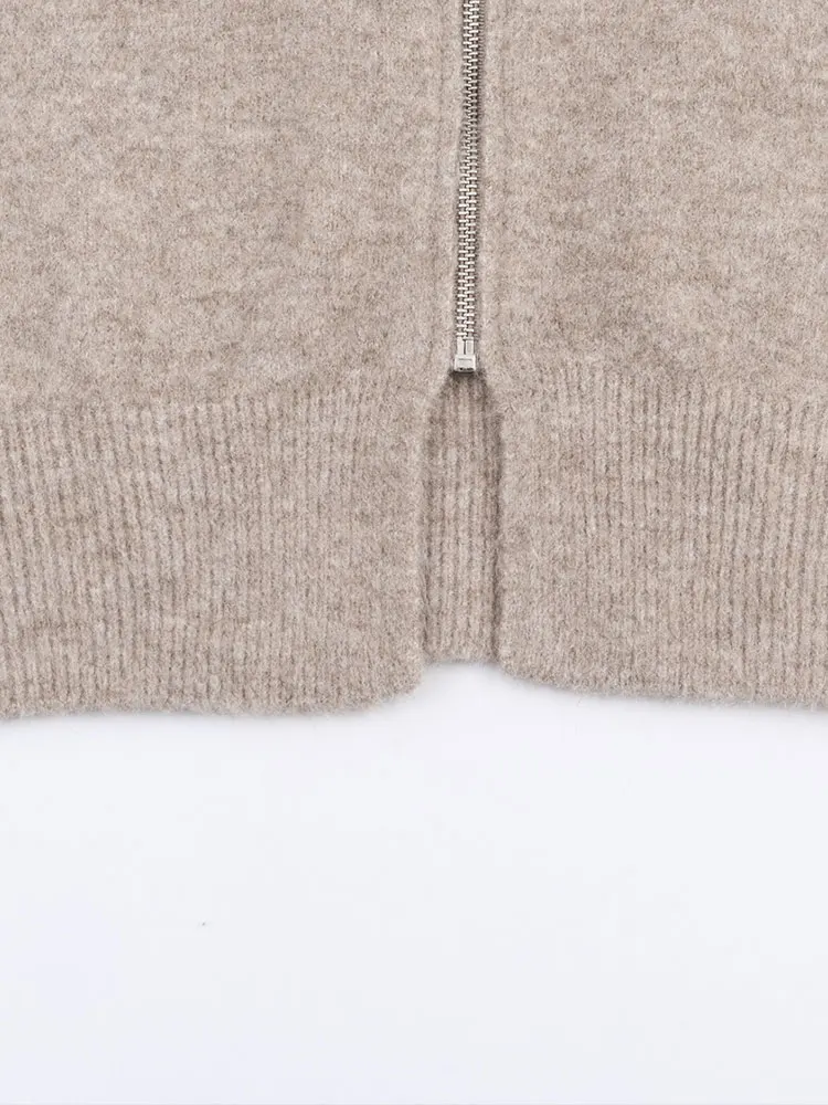 Nlzgmsj 2025 الخريف المرأة محبوك القوس الديكور سحاب أكمام طويلة جاكت مزود بغطاء للرأس عالية الشارع معاطف سيدة ملابس خارجية جديدة