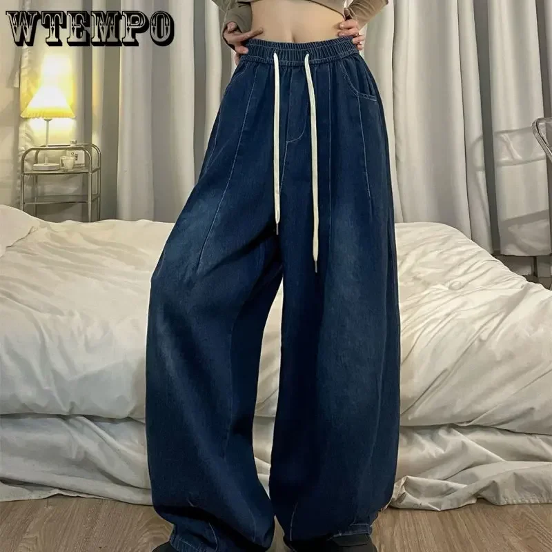 Spring Women Vintage Baggy Jeans Elastic Waist Oversized American Trouser Denim Wide Leg Streetwear Straight Basic Pants Y2k