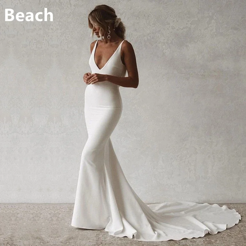 

Sexy Mermaid Wedding Dresses Boho V-Neck Open Back Elastic Wedding Gown Simple Long Train Buttons Bridal Dress 2024