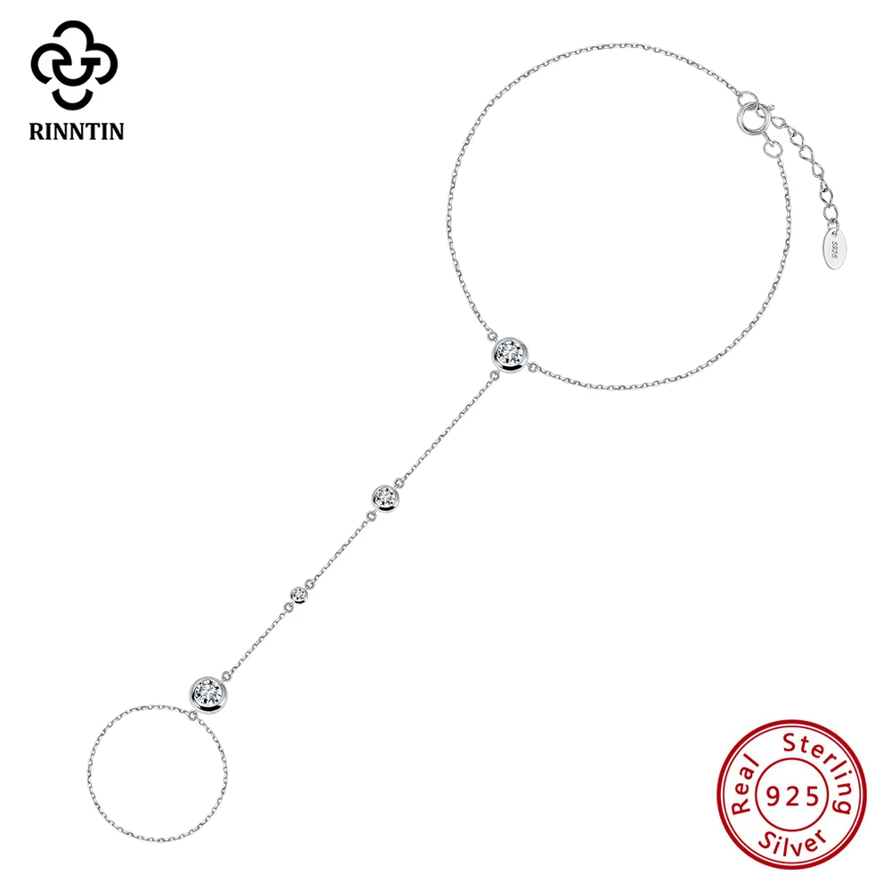 Rinntin 925 Sterling Silver Charming Lady Ring Finger Bracelet Chain Y2k High Quality Zirconia Hand Accessories Party Gift APV02