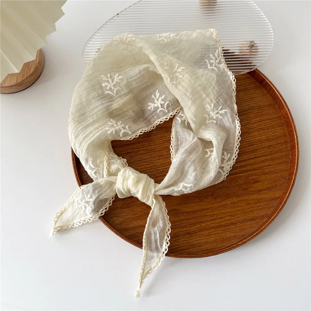 Women Linen Cotton Lace Triangle Scarf Floral Sunscreen Headscarf Decorative Hair Scarf Headband Bohemia Bandana Small Shawls