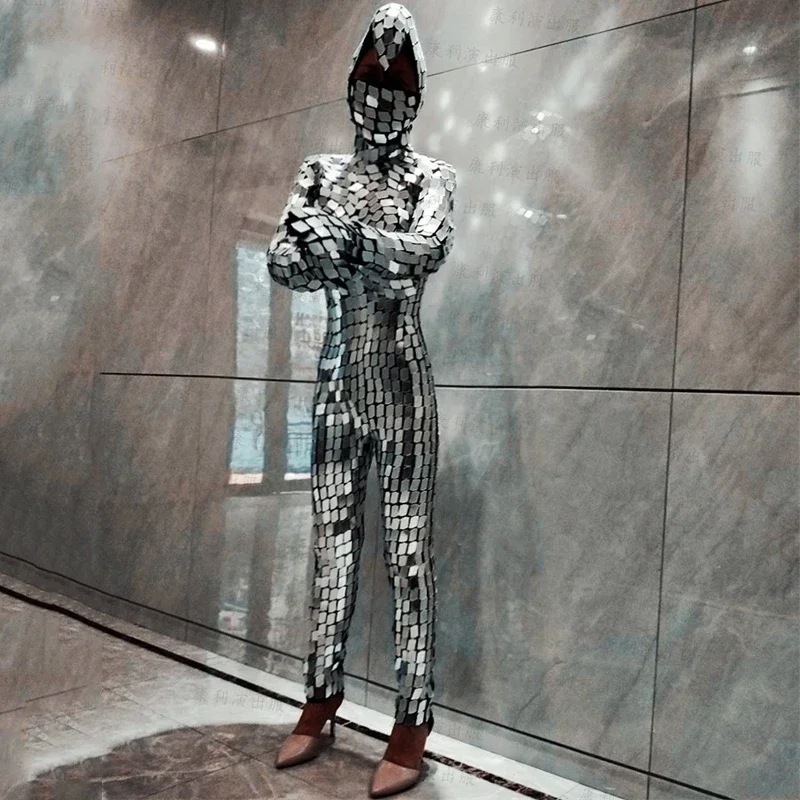 Men Mirrors Costume Women Silver Sequins Jumpsuit Bar Nightclub Party Gogo Wear Stage Performance Pole Dance Outfit