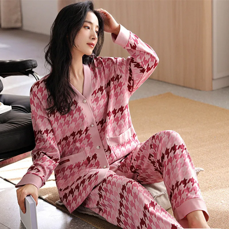 

M-3XL модный пижамный комплект с принтом, большой размер, топ с длинными рукавами, брючные комплекты, осенне-зимняя одежда для сна, женский хлопковый домашний костюм для отдыха