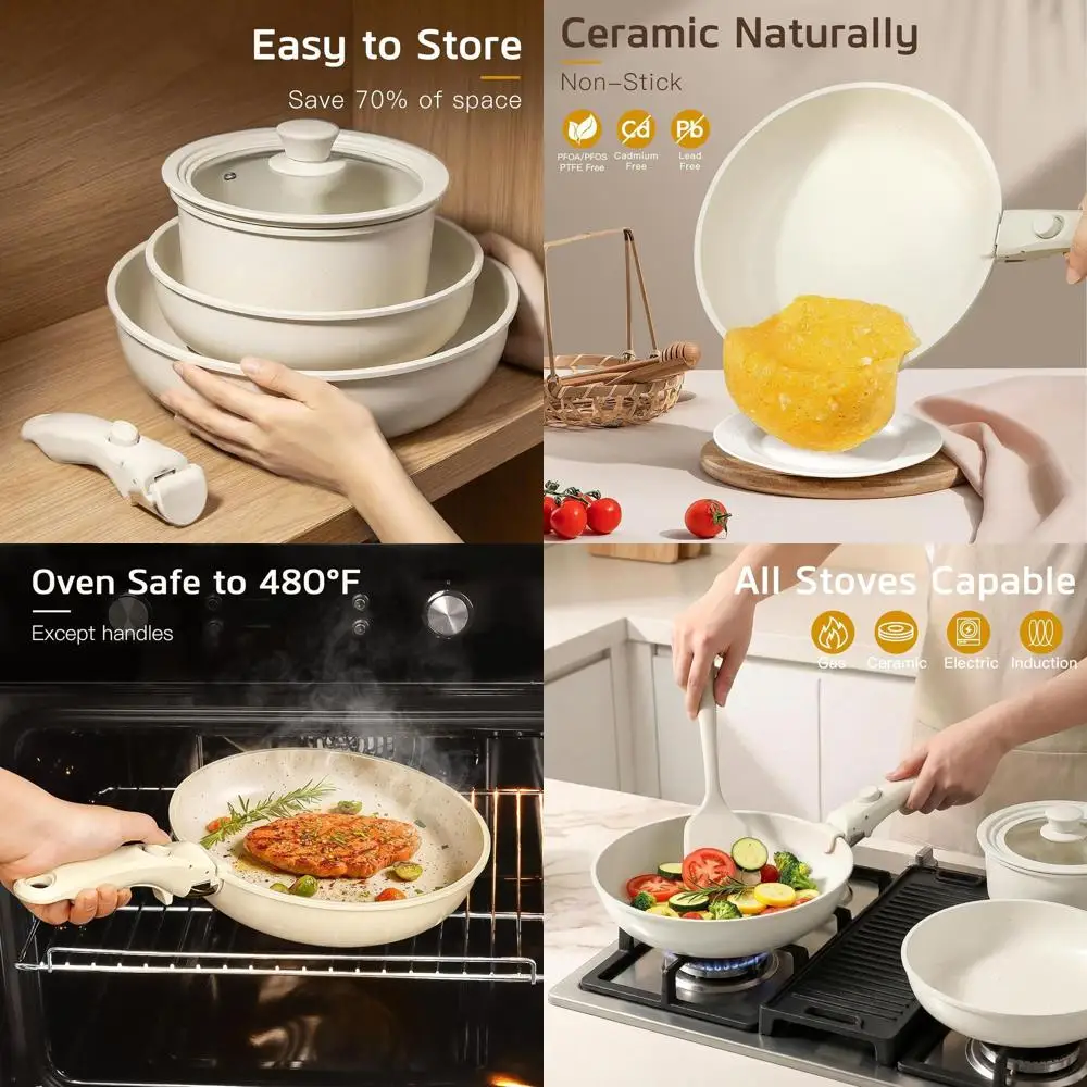 

Набор посуды с антипригарным покрытием и съемными ручками, безопасный для использования с PAS POA и PTE, подходит для посудомоечных машин и духовок, совместим с индукционными плитами.