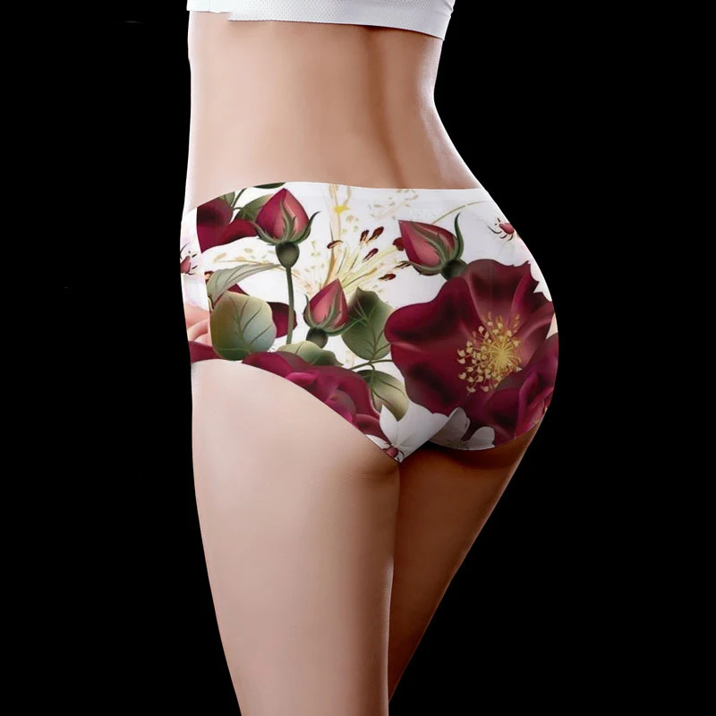 Fashion Red Flowers Print Seamless Panties Ice Silk Briefs Traceless Lingerie Intimates Underpants Sexy Underwear Women Panties