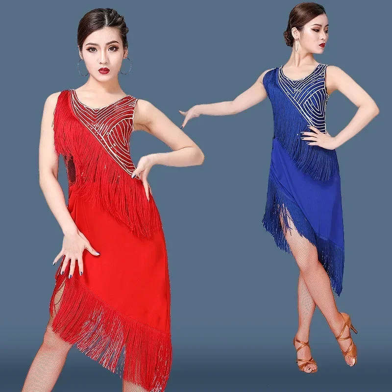 

New Adult Latin Dance Clothes Irregular Hem Sexy Dance Pratice Wear Sleeveless Tassel Standard Stage Performance Costume