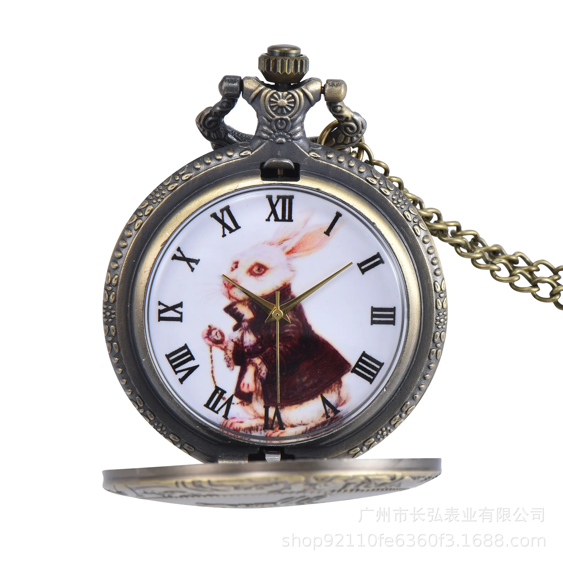 10pcs/lot New Bronze Quartz Pocket Watch Retro Alice Theme Pocket Fob Watch Pendant Necklace Pocket Watches Men Womens Gifts