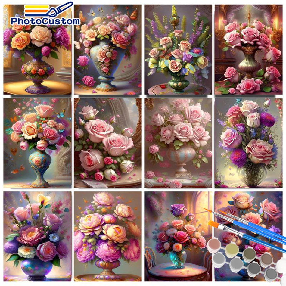 PhotoCustom 60x75cm Frame Painting By Number Flower Vase Scenery Acrylic Oil Painting Hand Painted Art DIY Picture Kit Home Deco