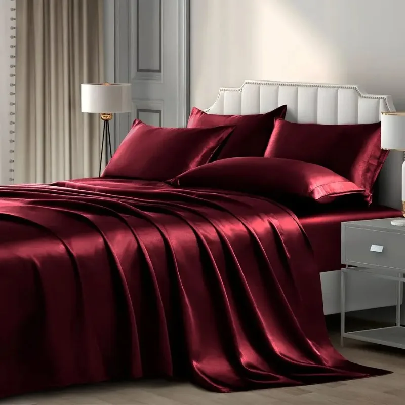 6 Pieces Queen Satin Sheets Luxury Silky Burgundy Satin Bedding Sheet Set, 1 Deep Pocket Fitted Sheet 1 Flat Sheet 4 Pillow Case