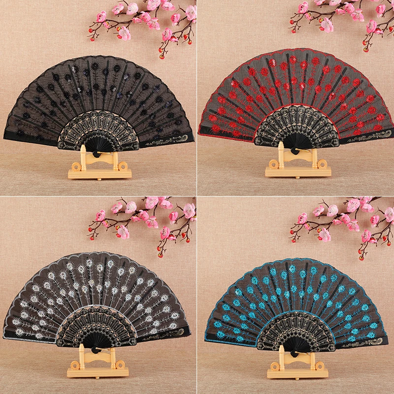 Chinese Vintage Sequined Folding Fan Performances Embroidered Fans Wedding Party Dance Plastic Hand Fan Craft Gift Home Decor