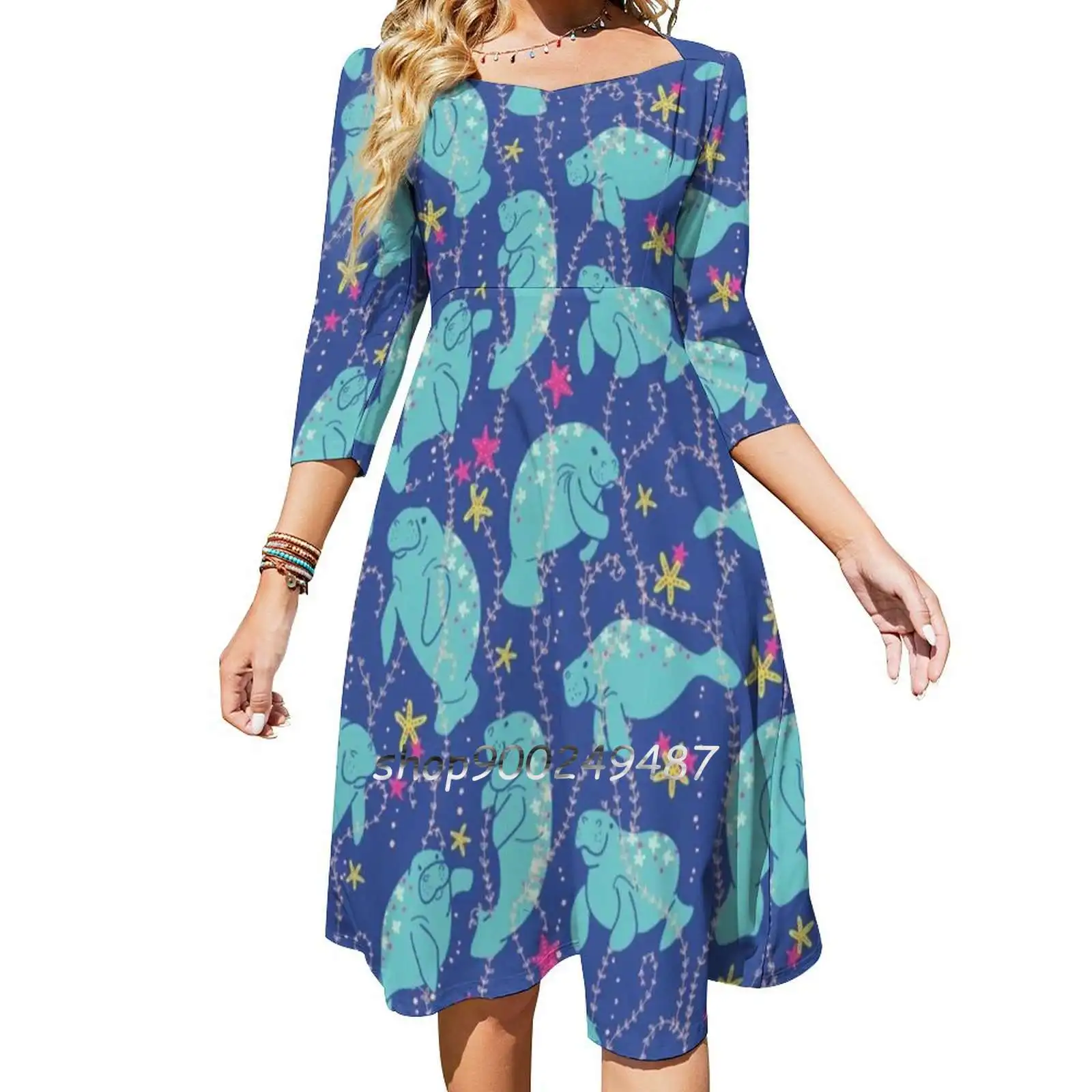 Oh The Hue-Manatee : Bright Flare Dress Multiple styles Print Dress Short and Long Sleeve Dress Manatee Florida Manatee Sea Life