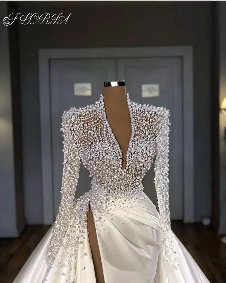 Gorgeous Pearls Mermaid Wedding Dress Long Train Satin V Neck Crystal Beaded Full Sleeves Bridal Gowns For African Dubai Women