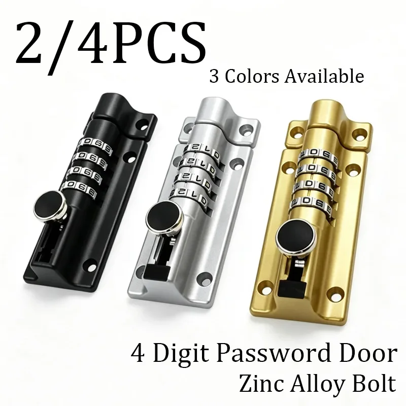 4 Digit Combo Door Lock, 2/4 Pack Zinc Alloy Slide Latch, Heavy Duty Security Gate Lock with Screws & Glue, Waterproof Hardware