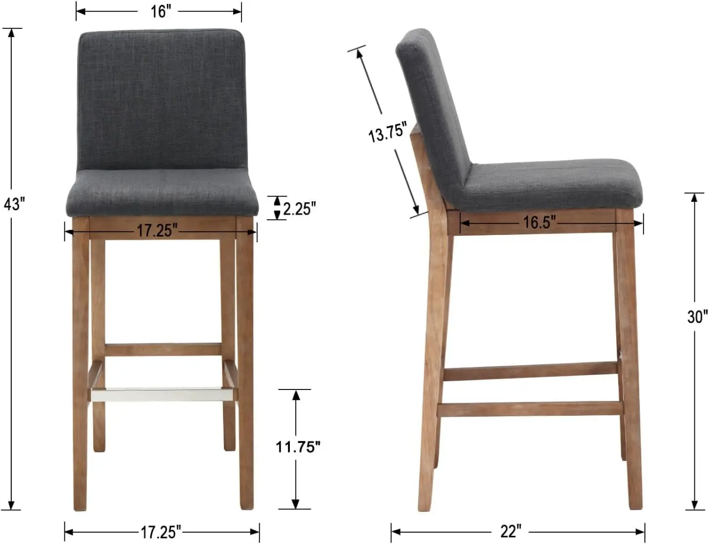 Set di 2 sgabelli da bar imbottiti in lino con schienale, legno massello secolo 30', antracite